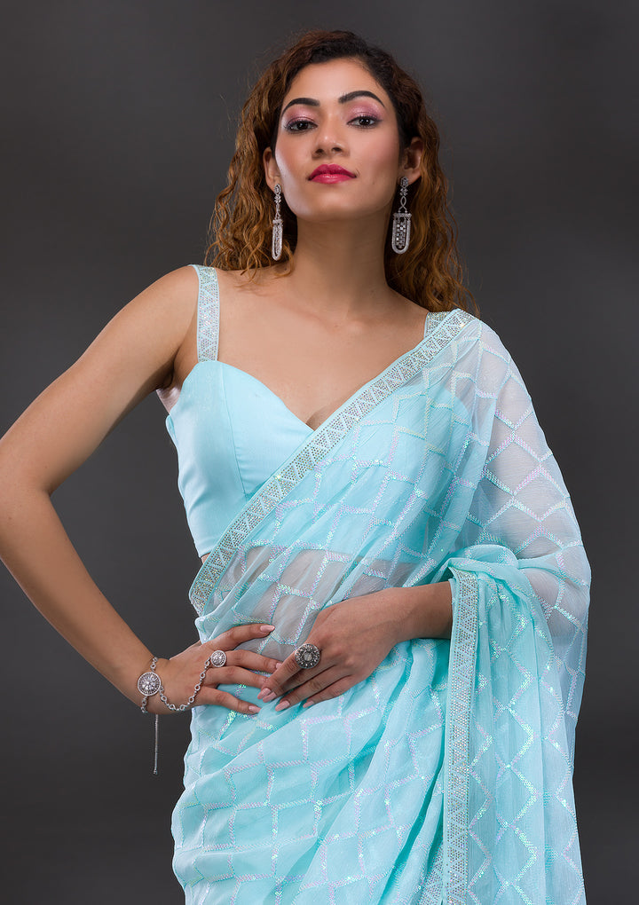 Sky Blue Sequins Shimmer Georgette Saree