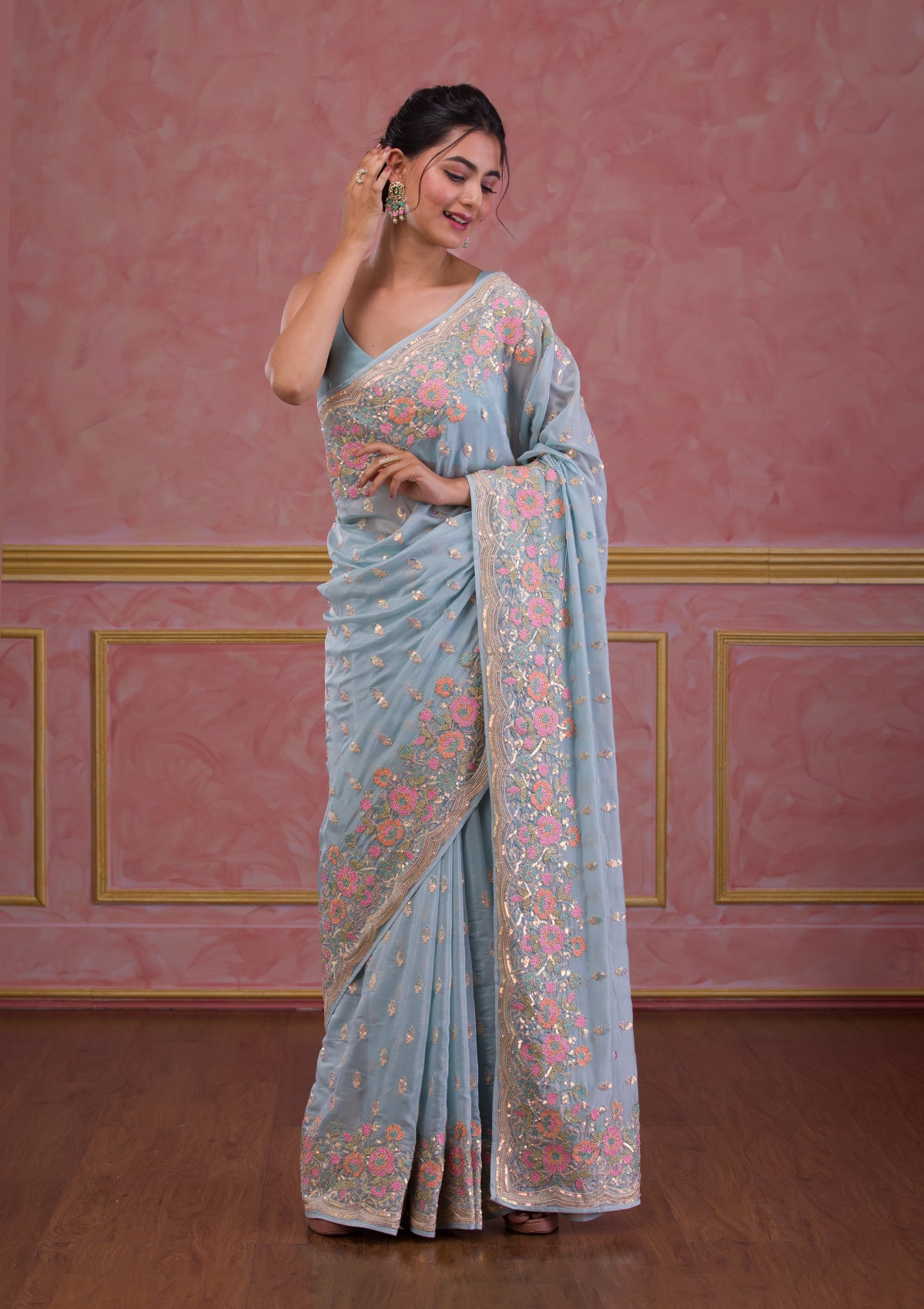 Sky Blue Sequins Tissue Designer Saree