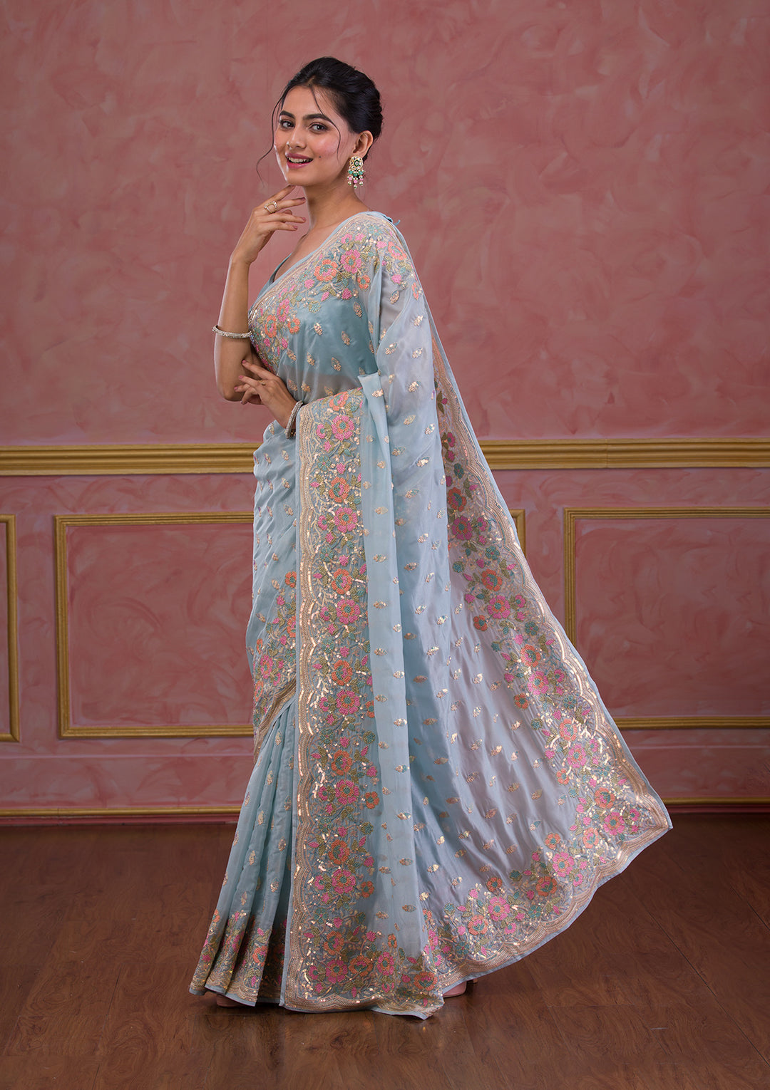 Sky Blue Sequins Tissue Designer Saree