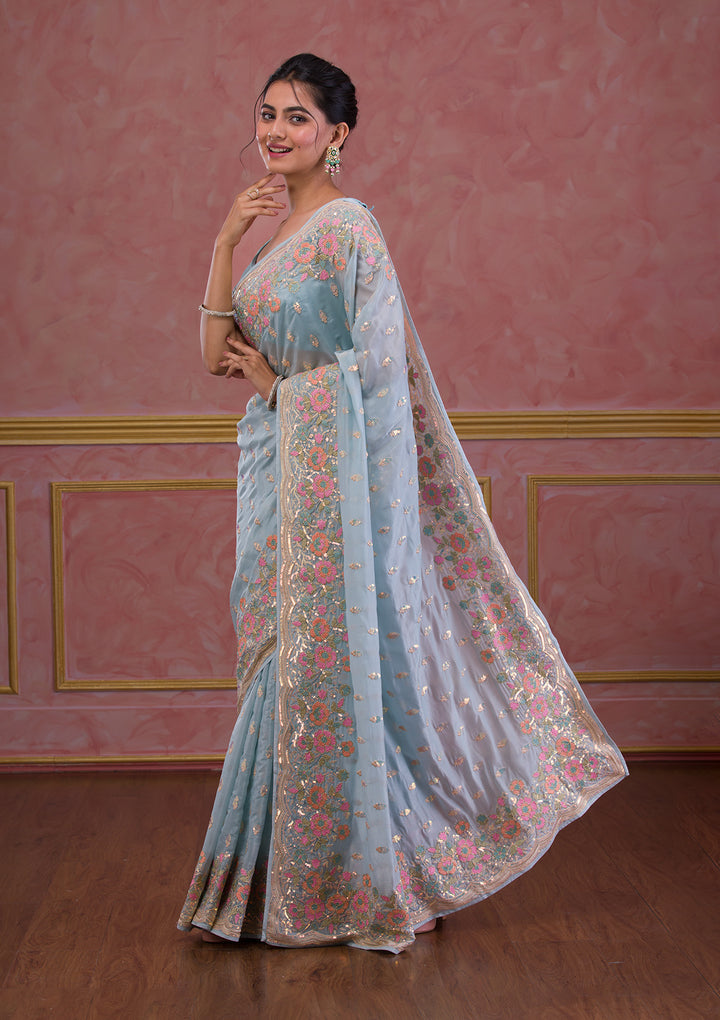 Sky Blue Sequins Tissue Designer Saree