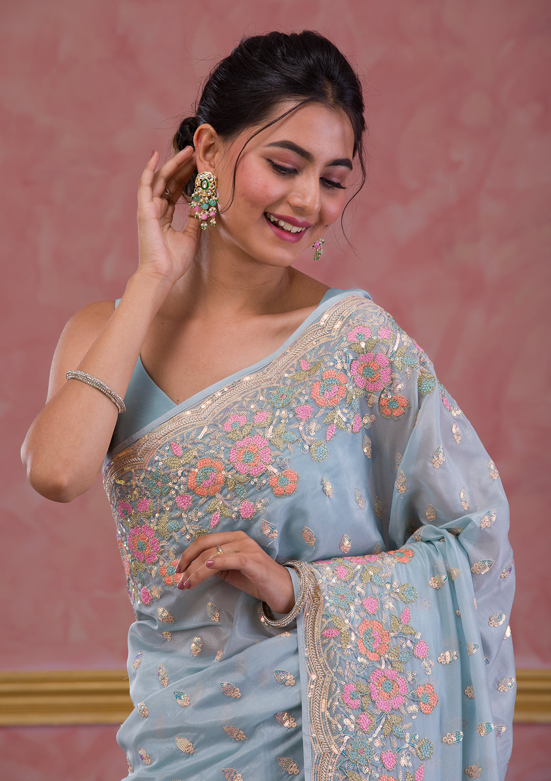 Sky Blue Sequins Tissue Designer Saree