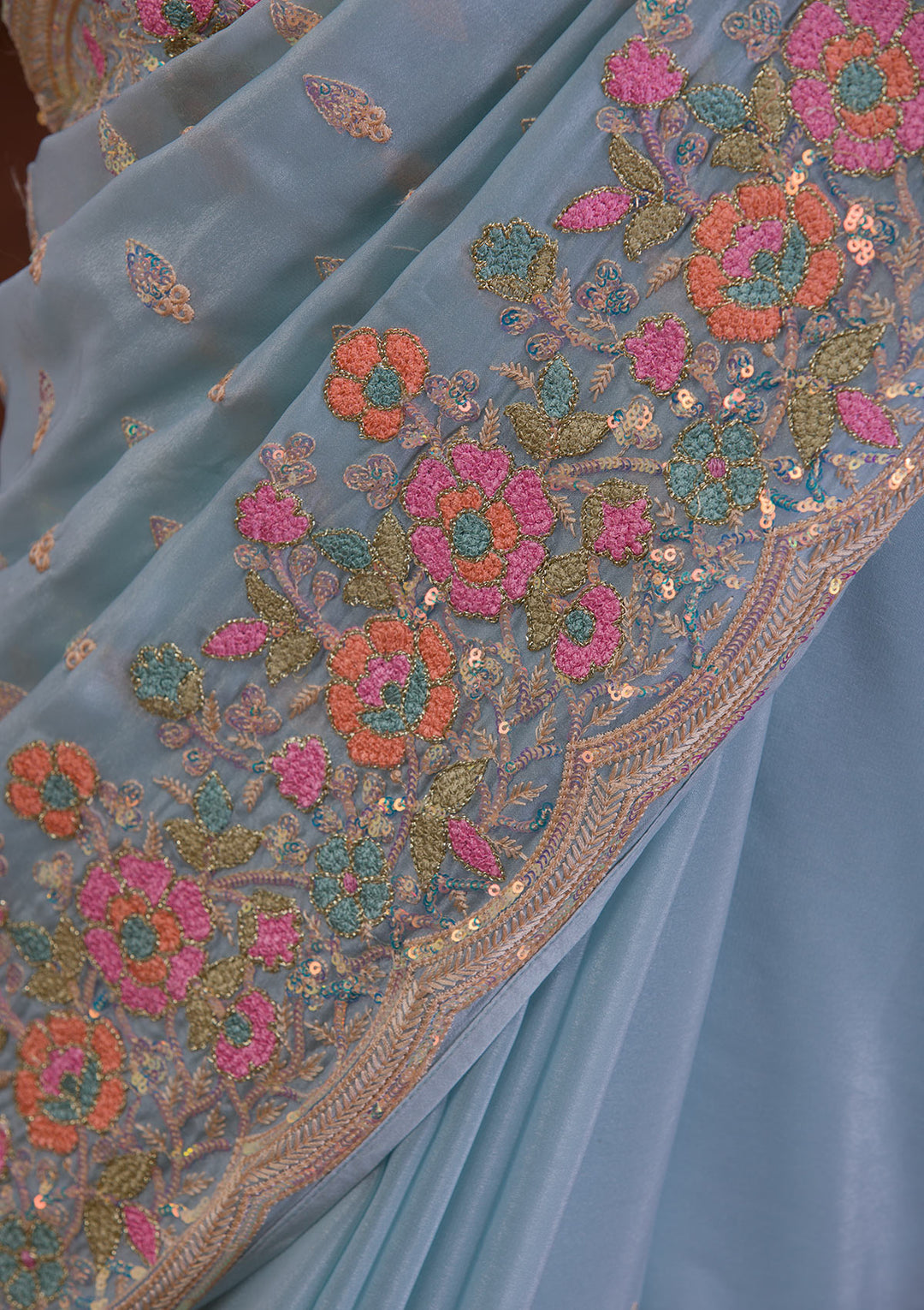 Sky Blue Sequins Tissue Designer Saree
