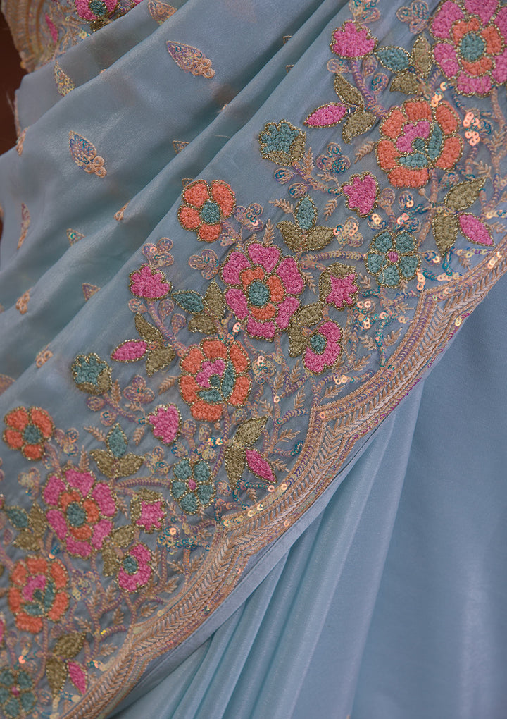 Sky Blue Sequins Tissue Designer Saree