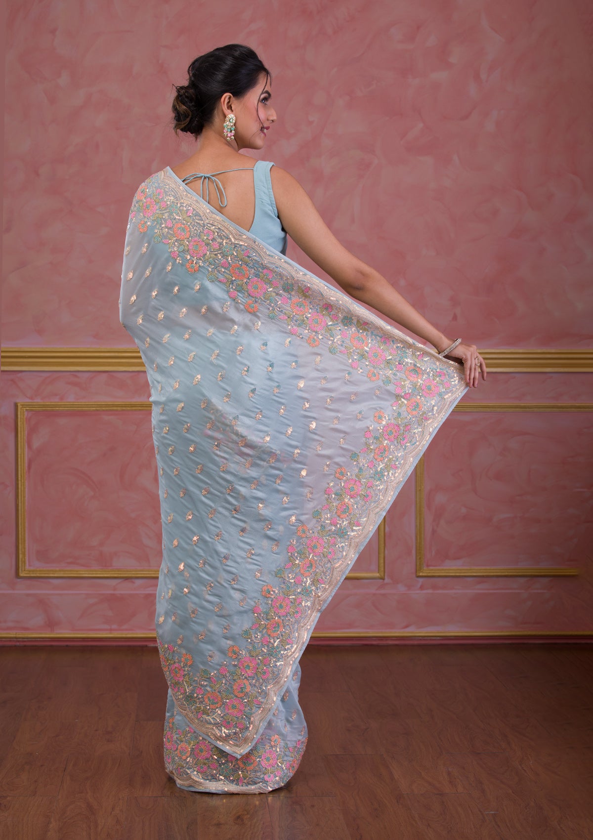 Sky Blue Sequins Tissue Designer Saree