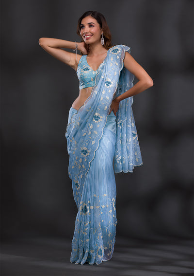 Sky Blue Sequins Tissue Saree-Koskii