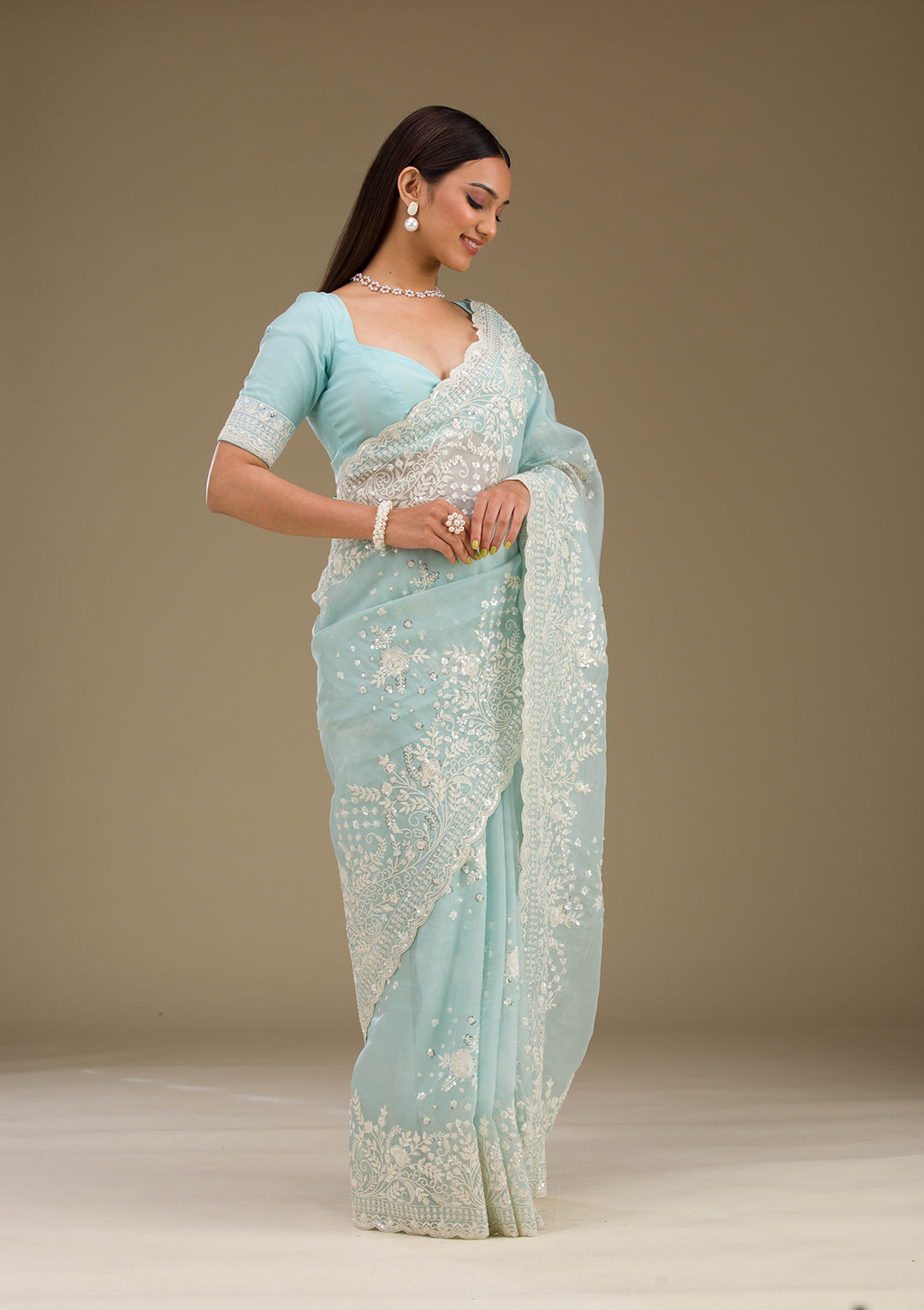 Sky Blue Sequins Tissue Saree