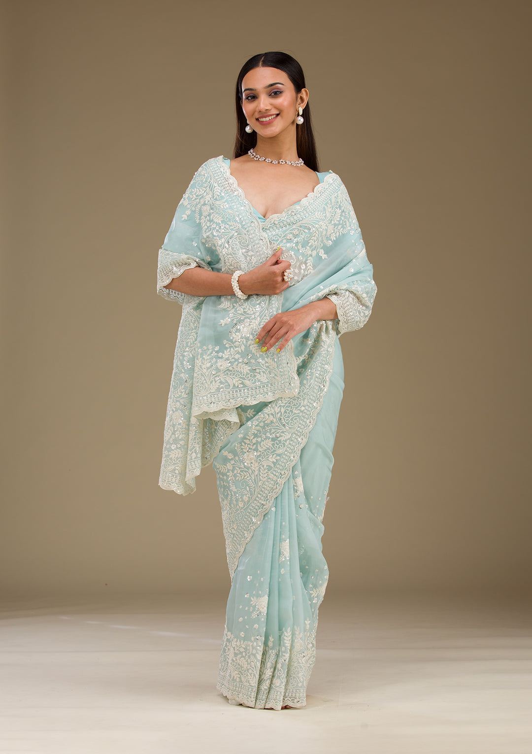Sky Blue Sequins Tissue Saree
