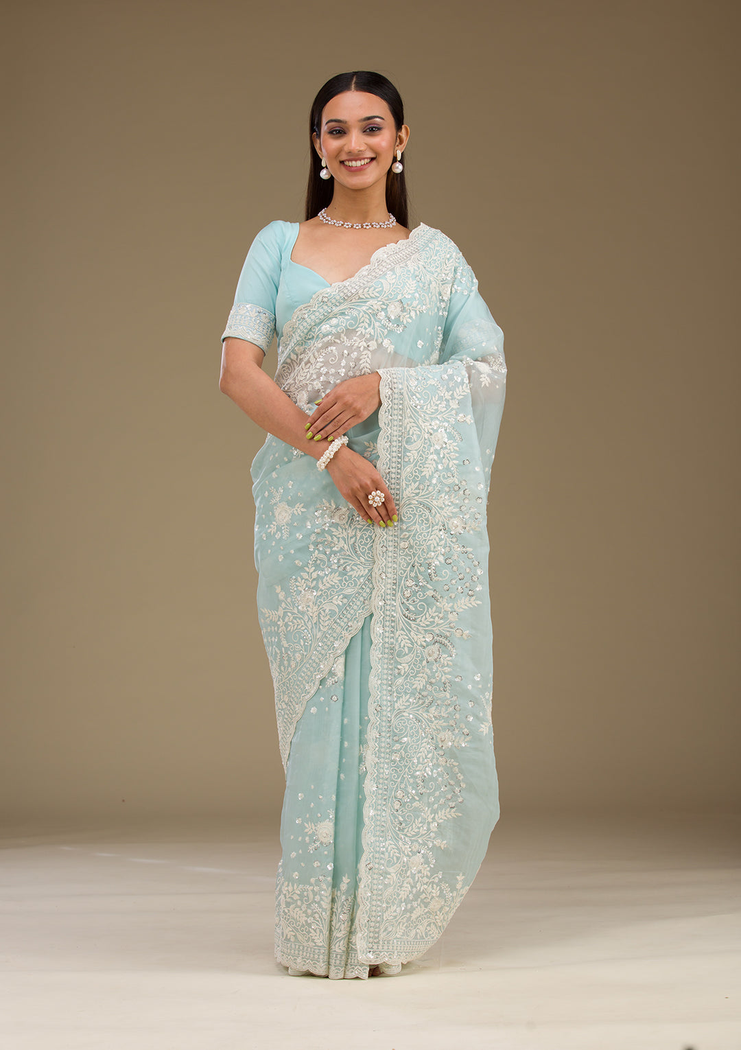 Sky Blue Sequins Tissue Saree