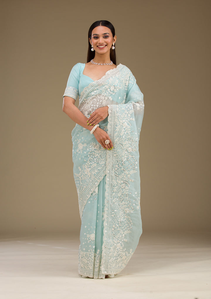 Sky Blue Sequins Tissue Saree