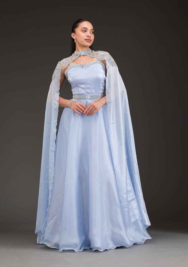 Sky Blue Silver Stonework Net Gown