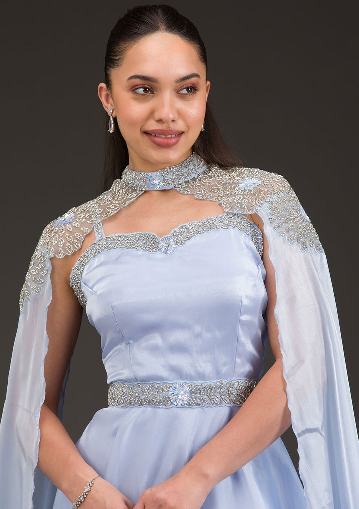 Sky Blue Silver Stonework Net Gown
