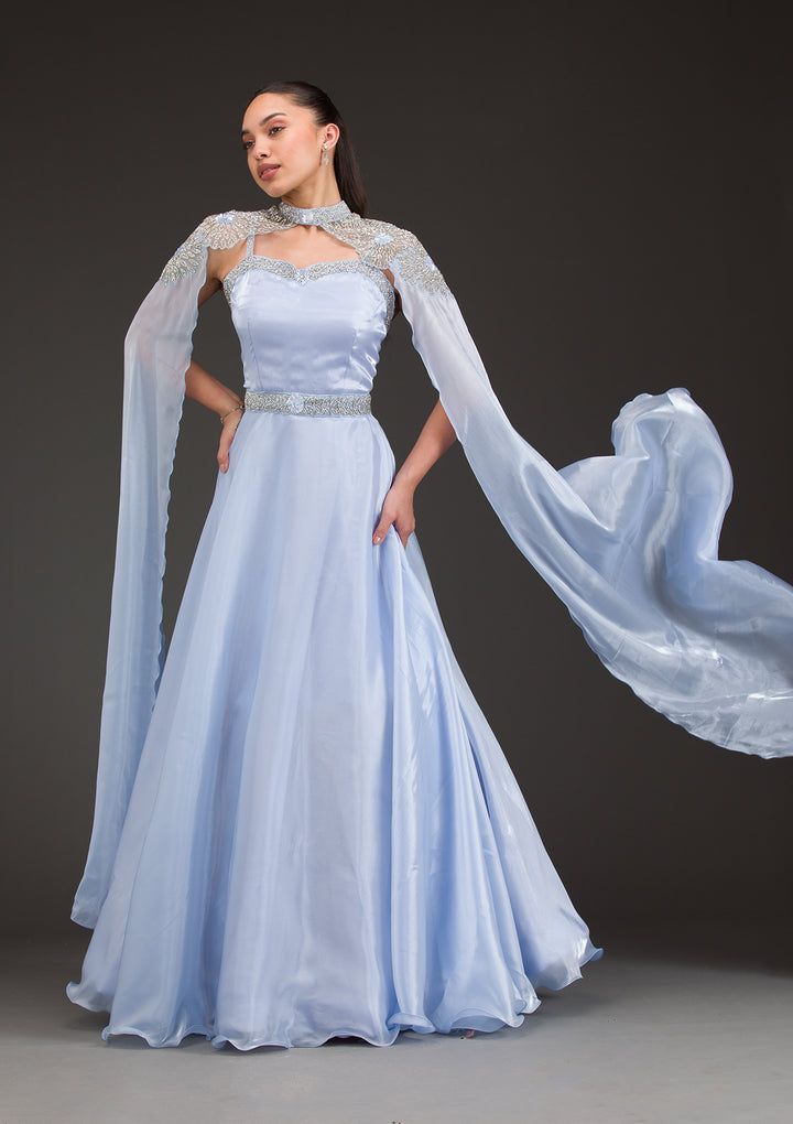 Sky Blue Silver Stonework Net Gown