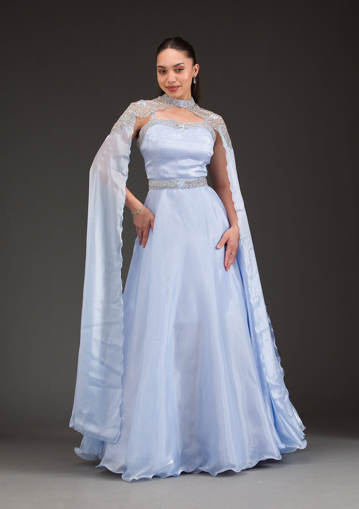 Sky Blue Silver Stonework Net Gown