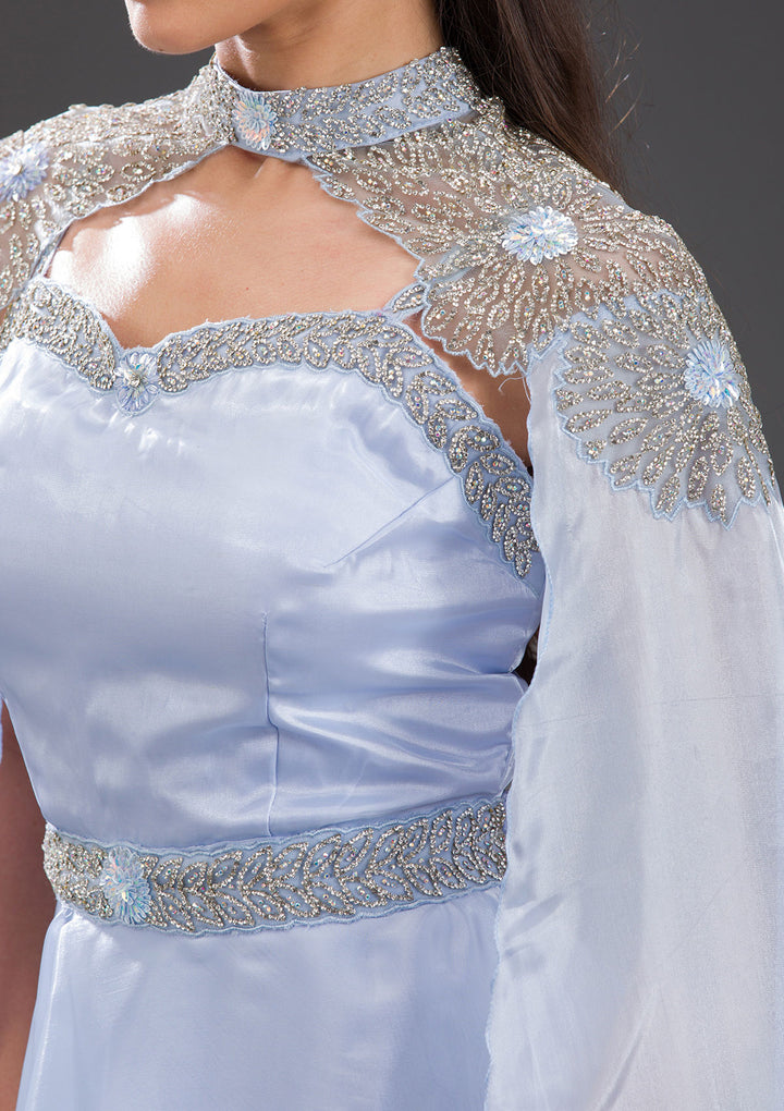 Sky Blue Silver Stonework Net Gown