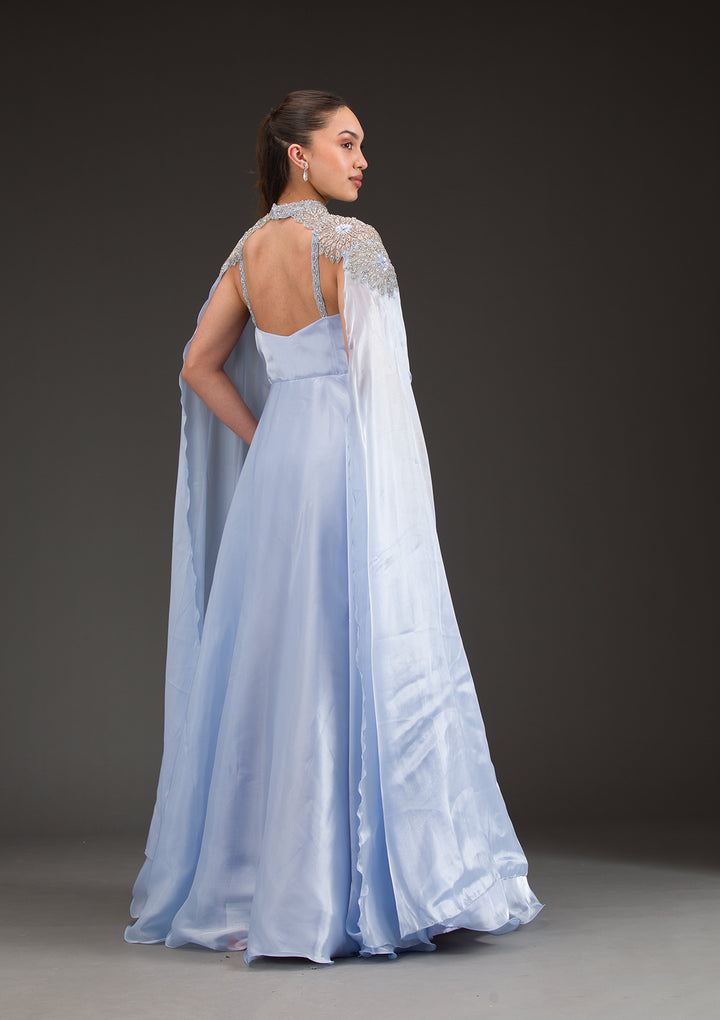 Sky Blue Silver Stonework Net Gown