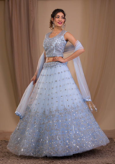 Sky Blue Stonework Net Readymade Lehenga-Koskii