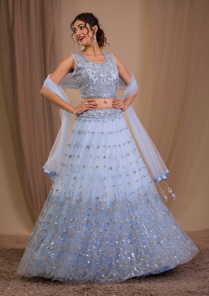 Sky Blue Stonework Net Readymade Lehenga