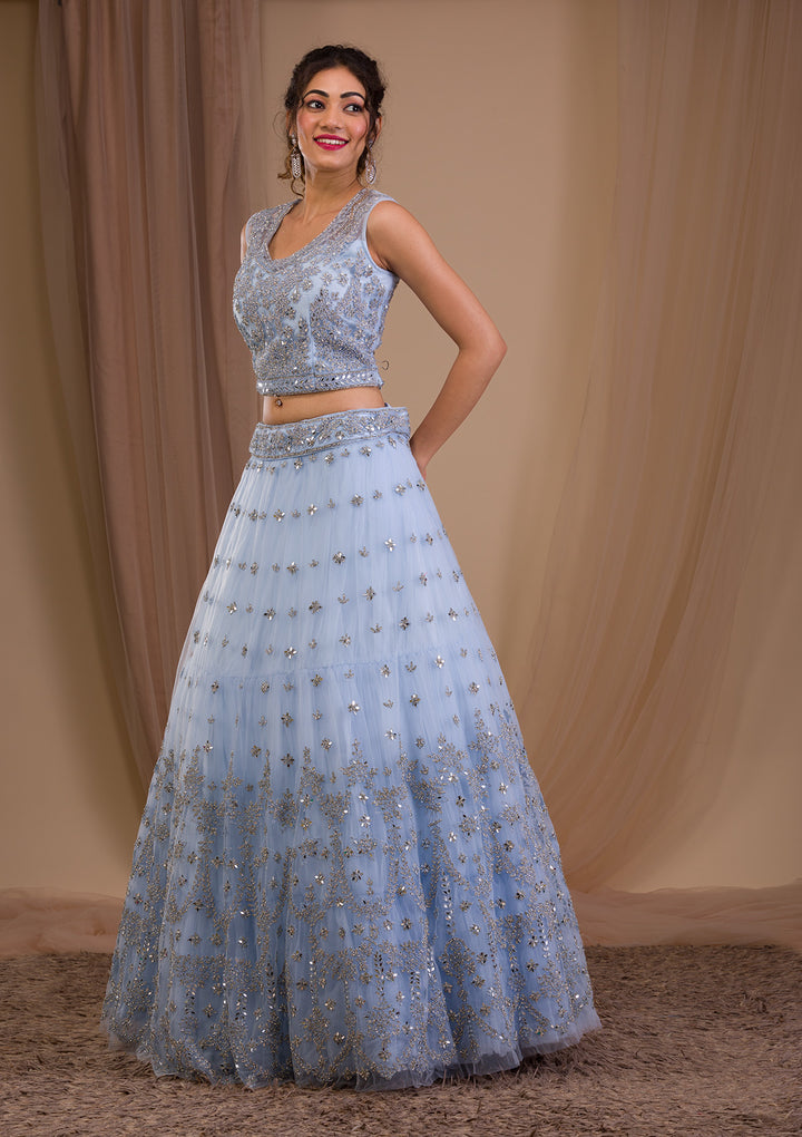 Sky Blue Stonework Net Readymade Lehenga-Koskii