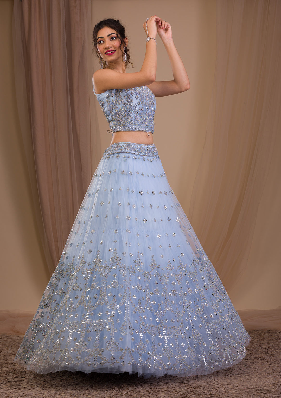 Sky Blue Stonework Net Readymade Lehenga-Koskii