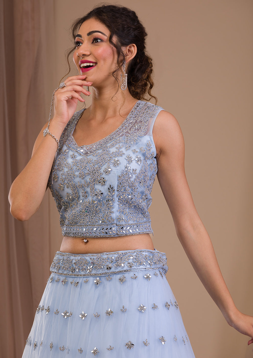 Sky Blue Stonework Net Readymade Lehenga-Koskii