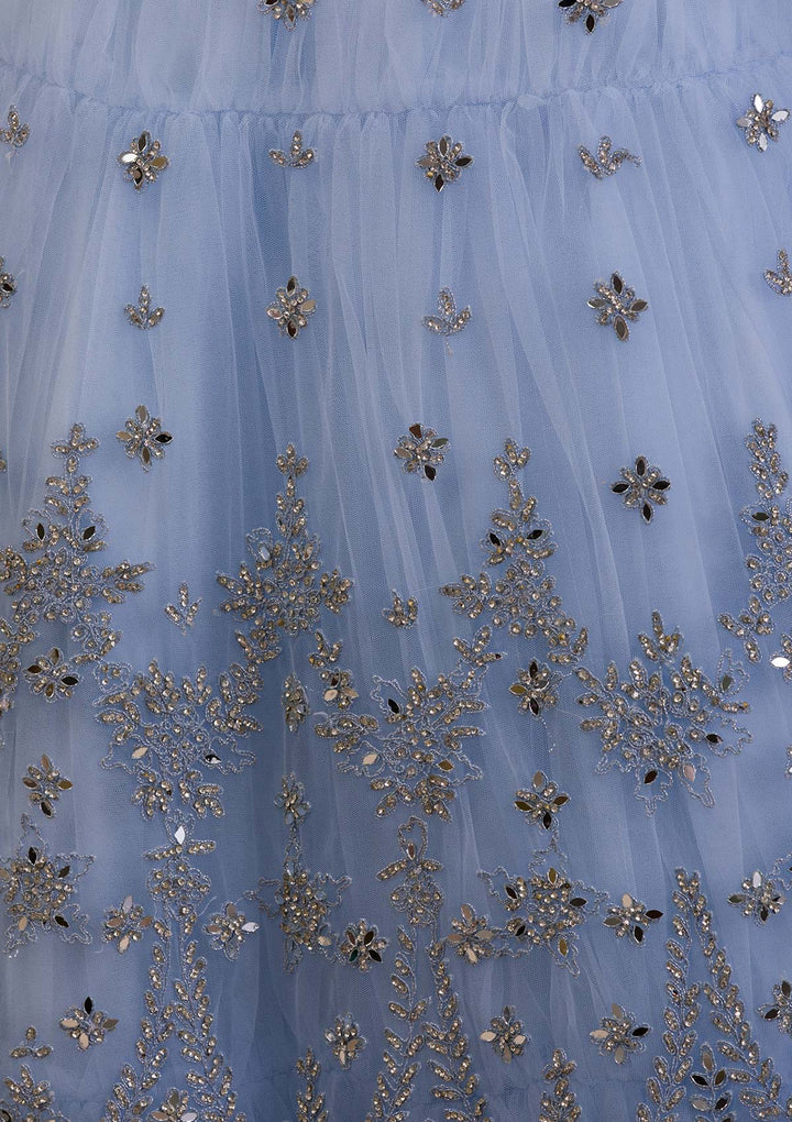 Sky Blue Stonework Net Readymade Lehenga