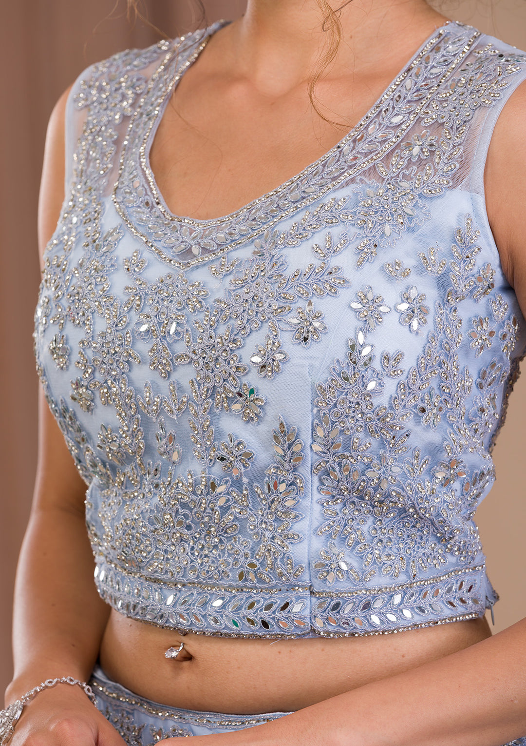Sky Blue Stonework Net Readymade Lehenga