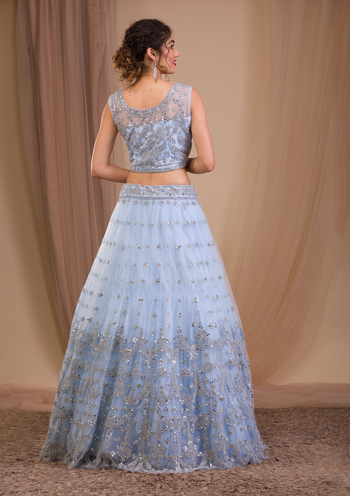 Sky Blue Stonework Net Readymade Lehenga