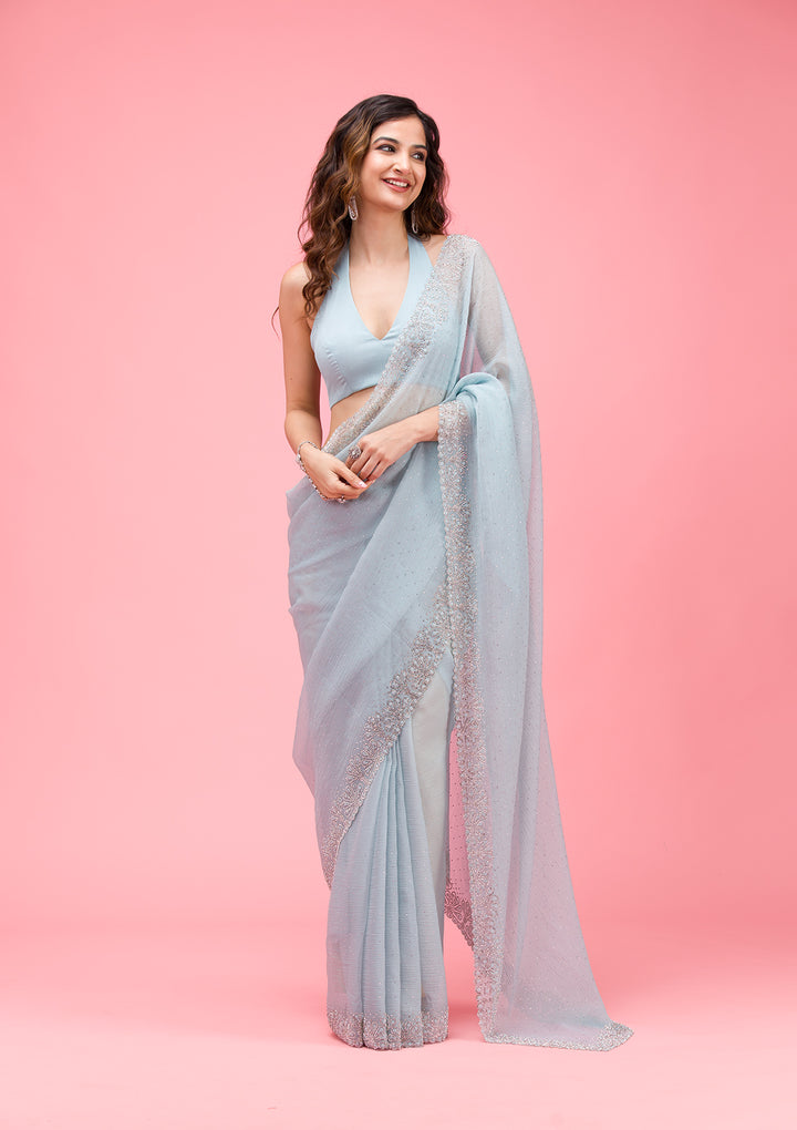 Sky Blue Threadwork Chiffon Saree