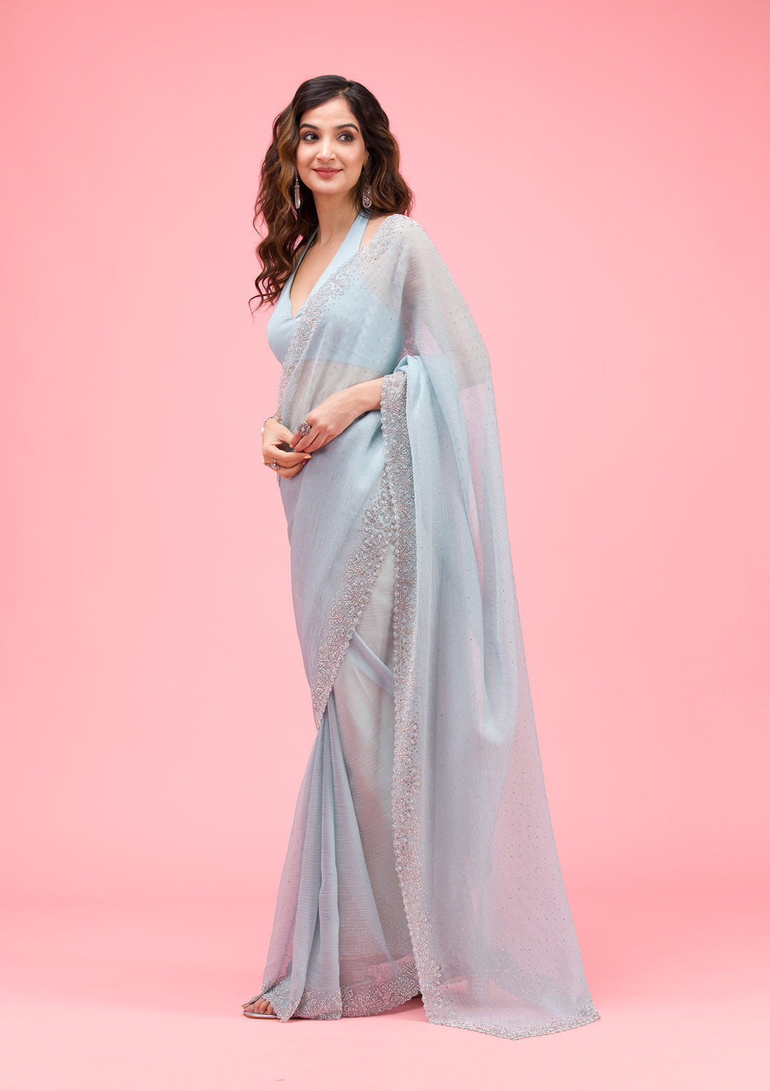 Sky Blue Threadwork Chiffon Saree