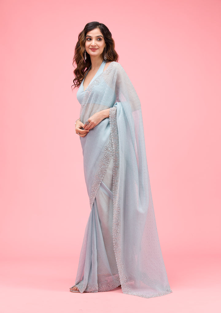 Sky Blue Threadwork Chiffon Saree