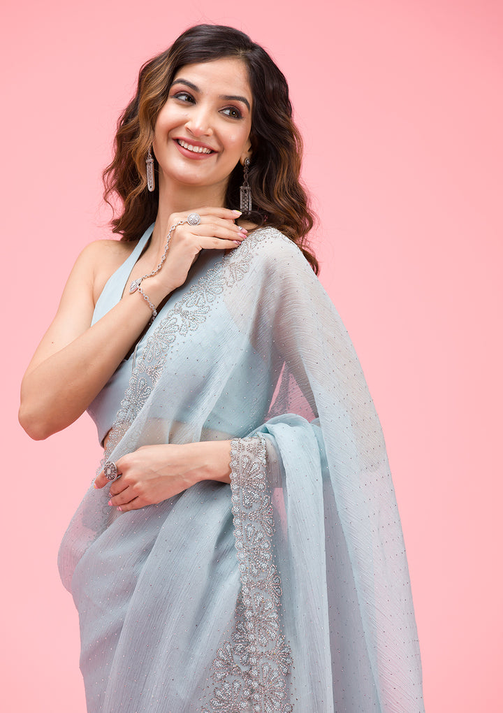 Sky Blue Threadwork Chiffon Saree