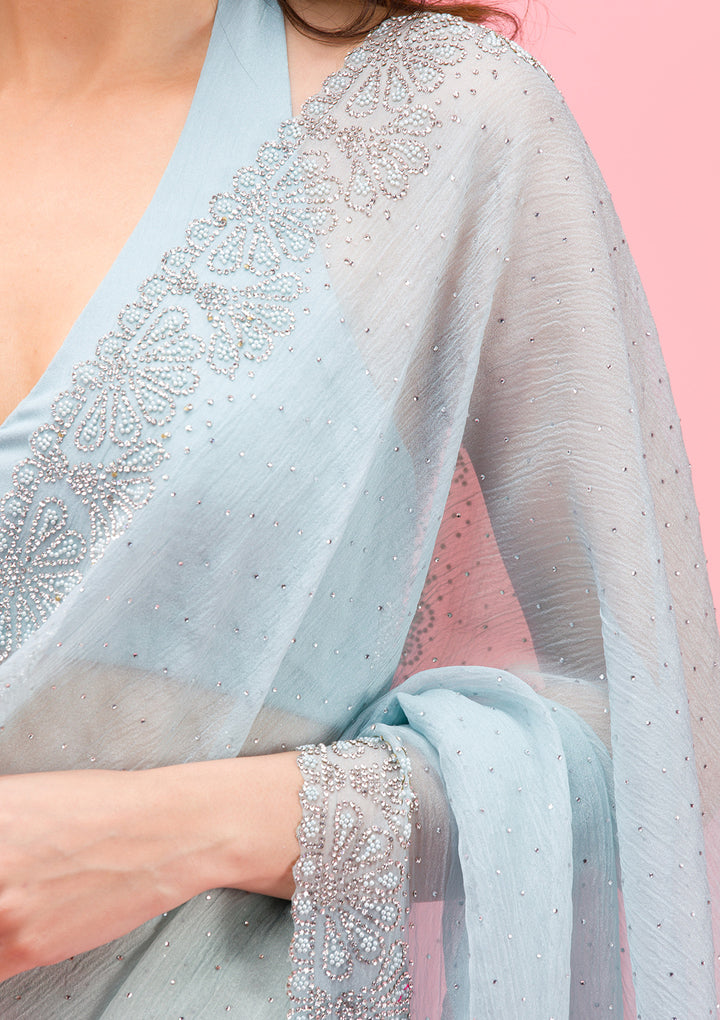 Sky Blue Threadwork Chiffon Saree