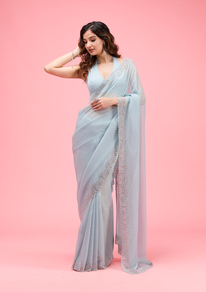 Sky Blue Threadwork Chiffon Saree