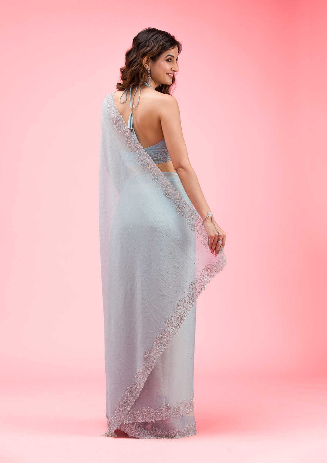 Sky Blue Threadwork Chiffon Saree