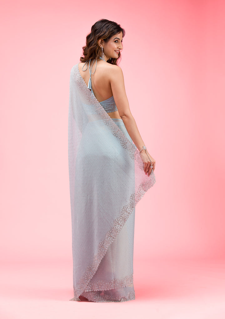 Sky Blue Threadwork Chiffon Saree