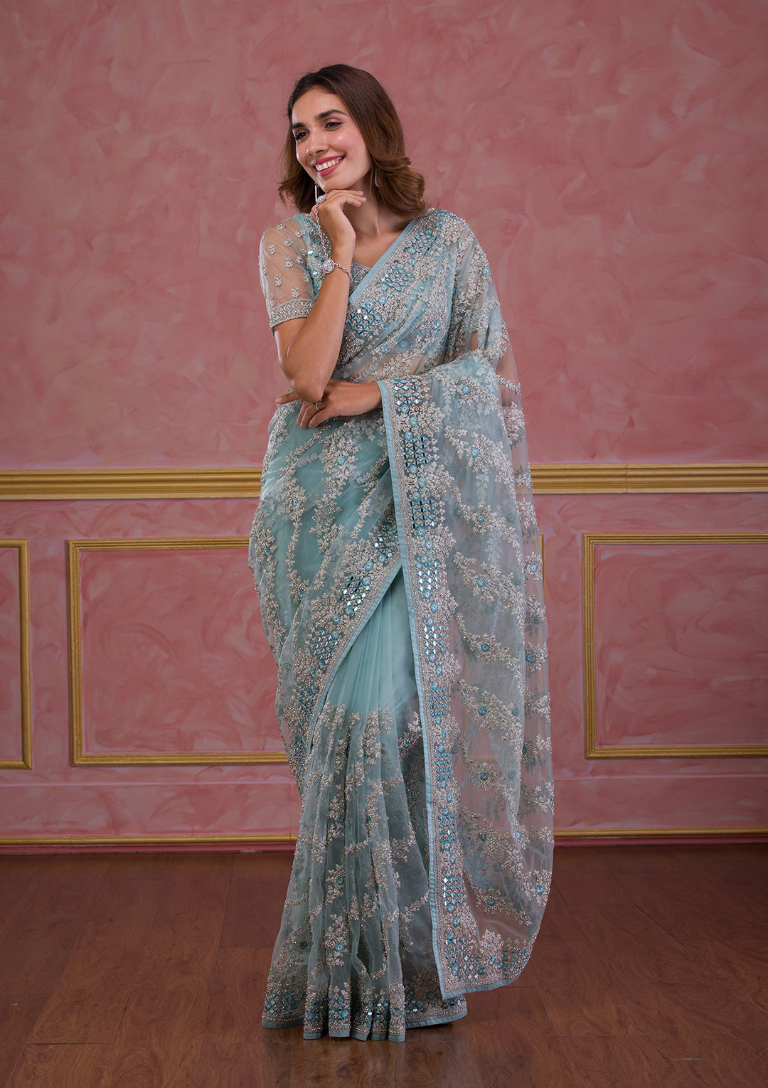Sky Blue Zariwork Net Designer Saree