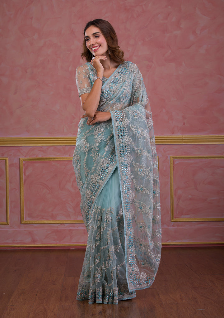 Sky Blue Zariwork Net Designer Saree