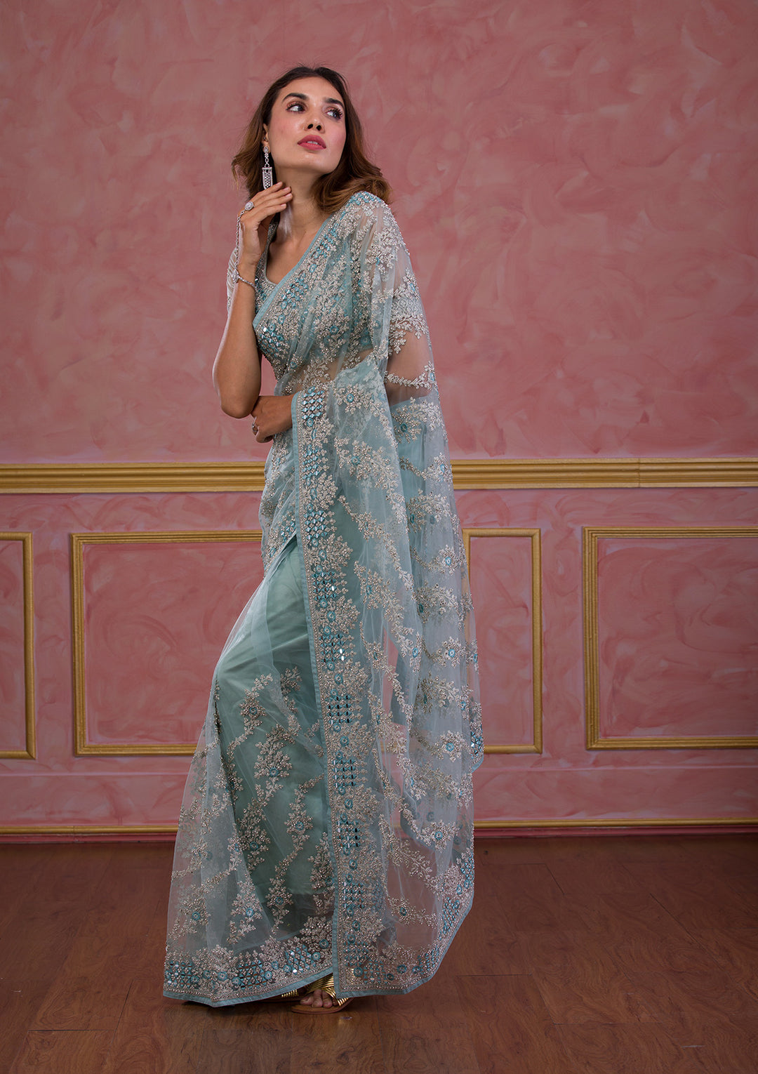Sky Blue Zariwork Net Designer Saree