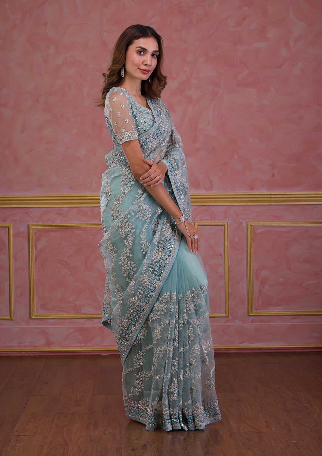 Sky Blue Zariwork Net Designer Saree
