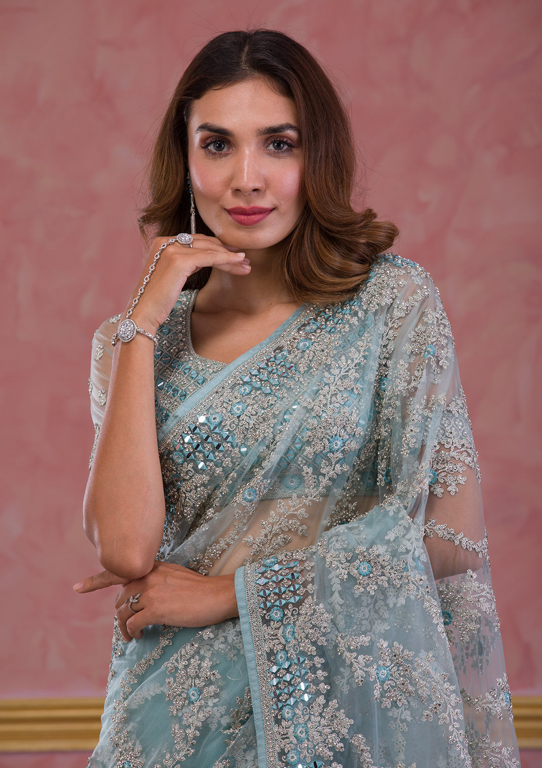Sky Blue Zariwork Net Designer Saree