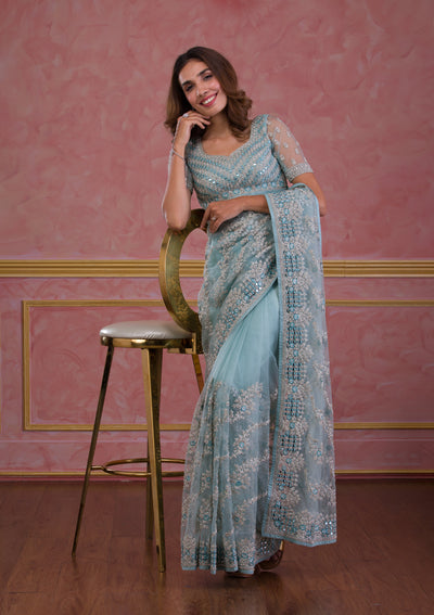 Sky Blue Zariwork Net Designer Saree-Koskii