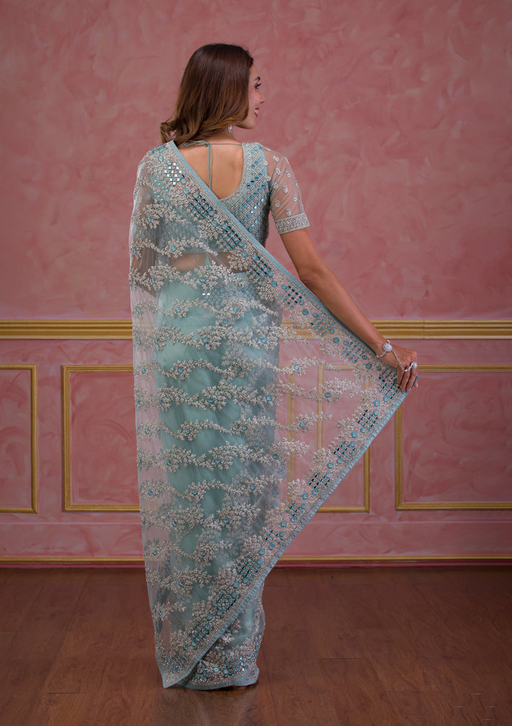 Sky Blue Zariwork Net Designer Saree