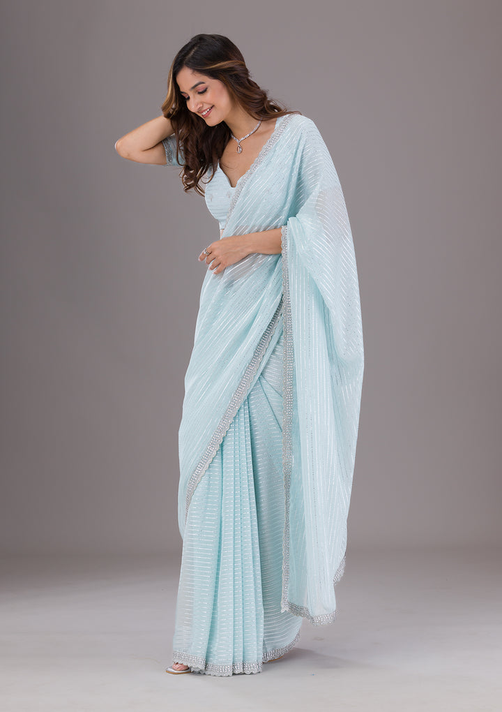 Sky Blue Stonework Georgette Saree
