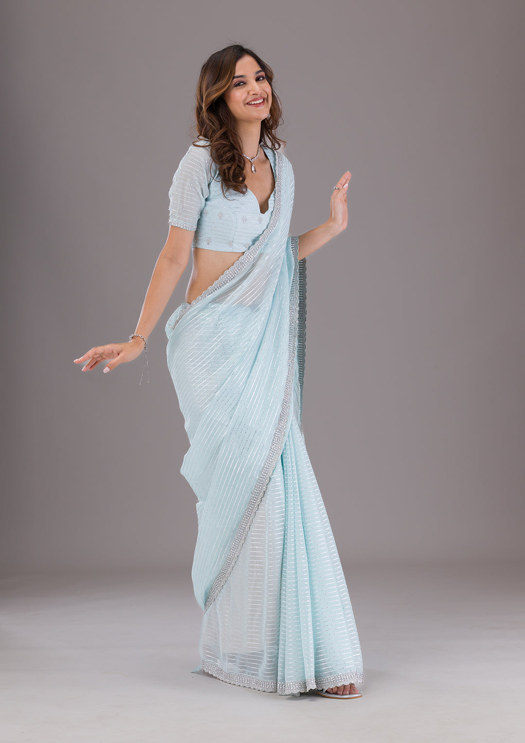 Sky Blue Stonework Georgette Saree