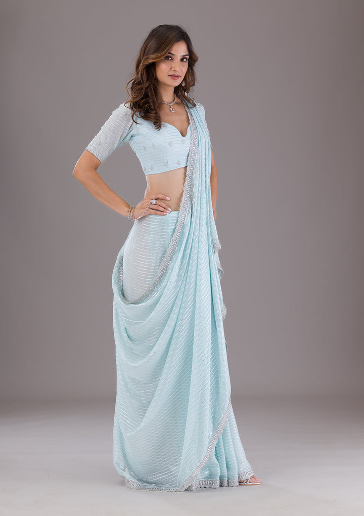 Sky Blue Stonework Georgette Saree