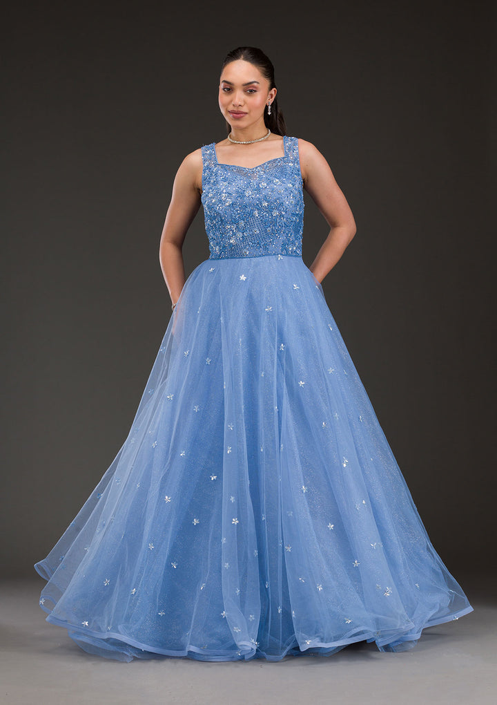 Sky Blue Stonework Net Gown