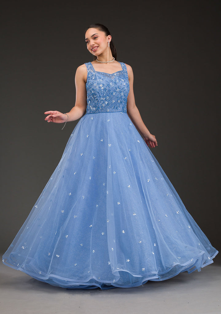 Sky Blue Stonework Net Gown