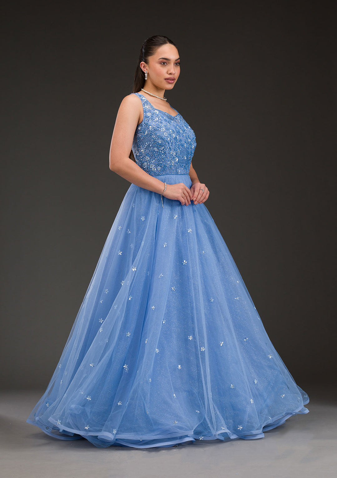 Sky Blue Stonework Net Gown