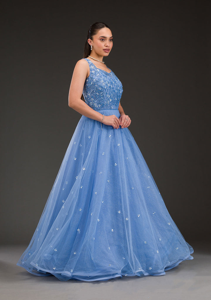 Sky Blue Stonework Net Gown