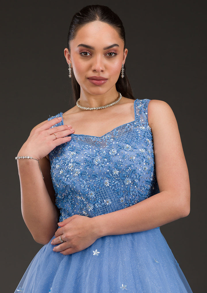 Sky Blue Stonework Net Gown